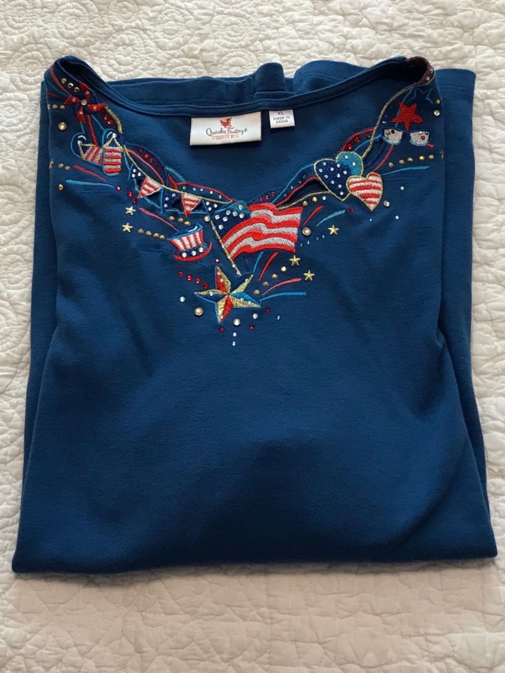 Rare QF blue short sleeve v neck top with embroidered patriotic design (XL)